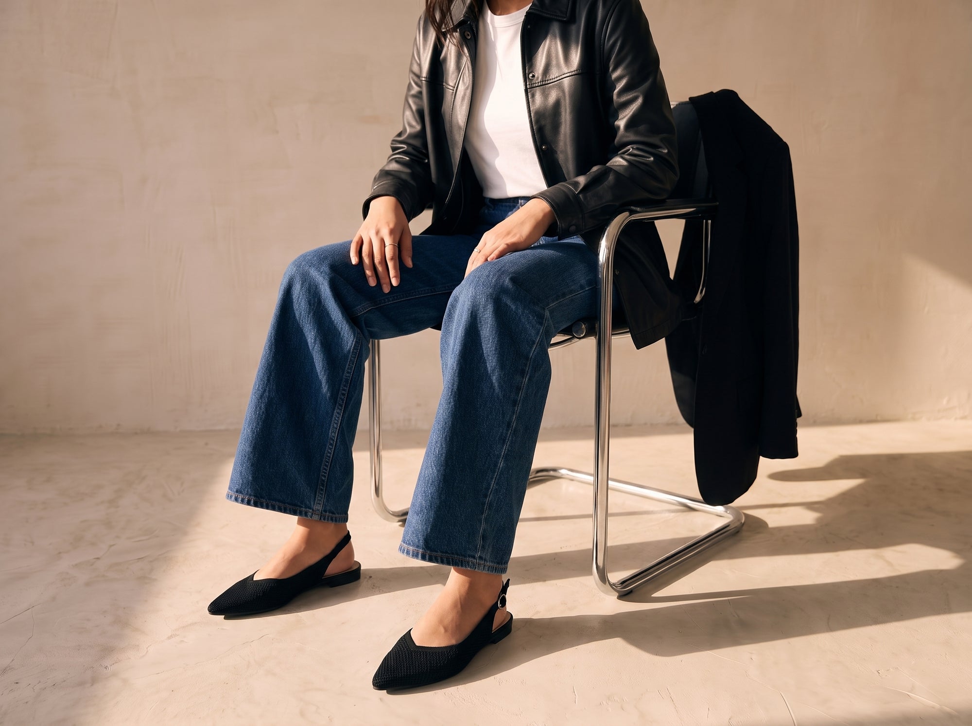 ALBA Minuit knit slingback flats styled with dark blue cropped jeans, white T-shirt and black leather jacket.
