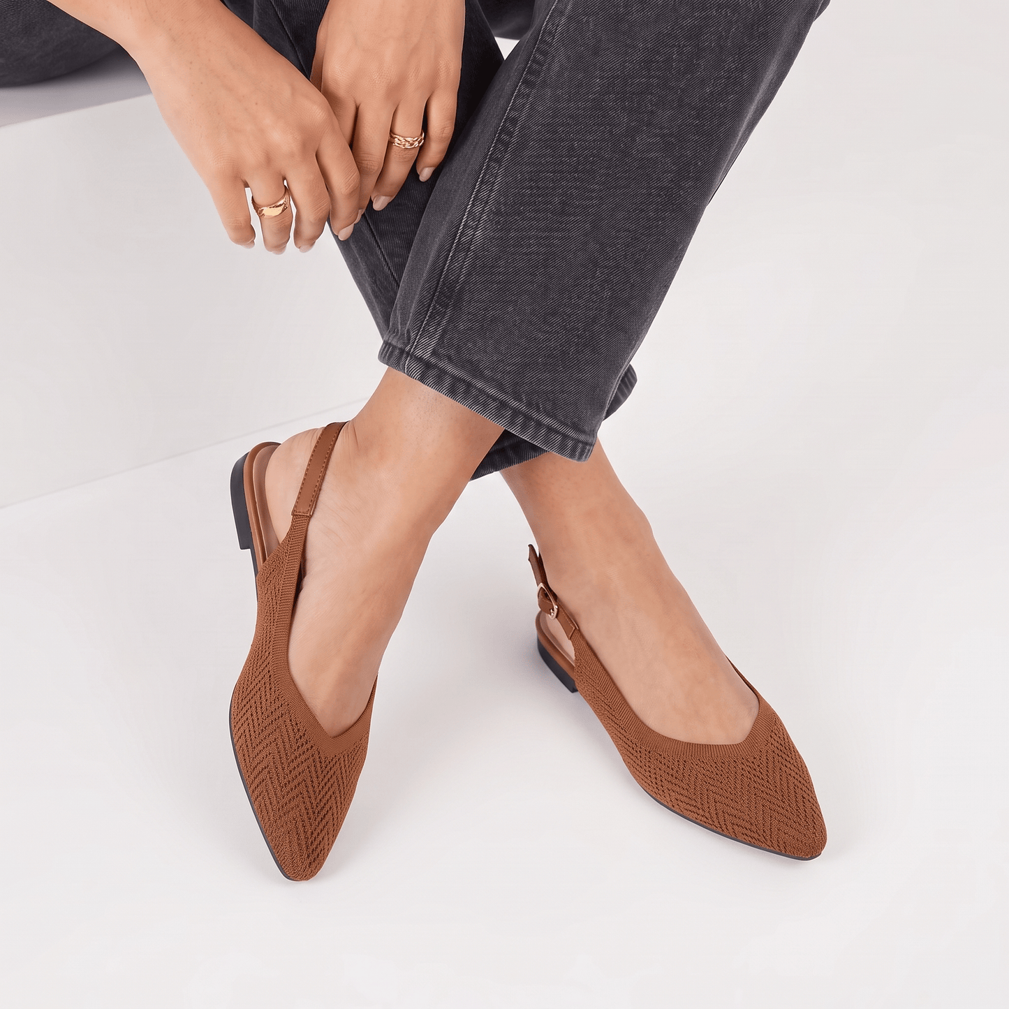 ALBA Cognac — Woven Knit Slingback Flats, worn with ankles crossed
