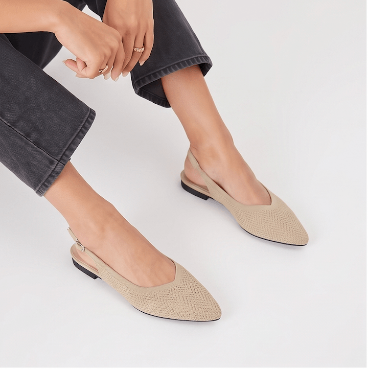 ALBA Dune — Neutral Knit Slingback Flats, worn seated